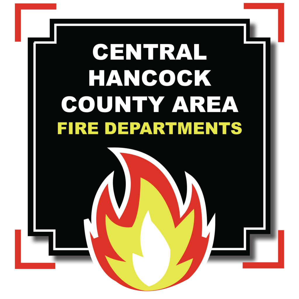 Logo of central hancock county area fire departments featuring a stylized flame in red, orange, and white at the center, surrounded by a black background and bold text.