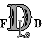 Decorative gothic-style letter "d" in black and gray shades, flanked by smaller "f" and "d" in a similar design, all set against a white background.