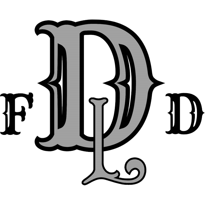 Decorative gothic-style letter "d" in black and gray shades, flanked by smaller "f" and "d" in a similar design, all set against a white background.
