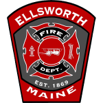 Ellsworth fire department badge featuring a red and black shield with fire-fighting symbols and text "ellsworth fire dept. est. 1869 maine.