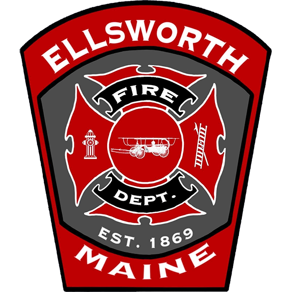 Ellsworth fire department badge featuring a red and black shield with fire-fighting symbols and text "ellsworth fire dept. est. 1869 maine.