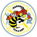 Logo of hancock vfd & ems, featuring a stylized bee with a firefighter helmet and hose, centered over a yellow and blue emblem with text.