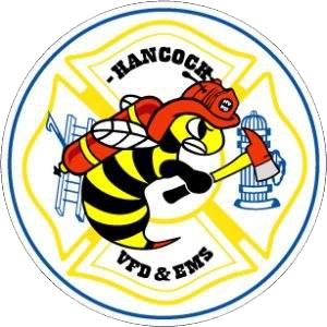 Logo of hancock vfd & ems, featuring a stylized bee with a firefighter helmet and hose, centered over a yellow and blue emblem with text.