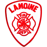 Embroidered patch of lamoine fire department, featuring a shield shape with red and white colors, and a central firefighting emblem including axes and a hydrant.