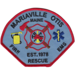 A detailed embroidered patch for the mariaville otis fire rescue in maine, featuring firefighting and ems symbols, including an axe, hose, and medical emblem, set against a blue background.
