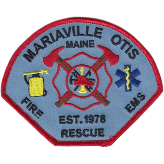 A detailed embroidered patch for the mariaville otis fire rescue in maine, featuring firefighting and ems symbols, including an axe, hose, and medical emblem, set against a blue background.