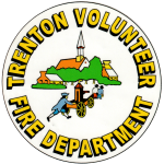 Logo of trenton volunteer fire department featuring a traditional fire wagon, a firefighter, a dog, and a church with a steeple, surrounded by a green landscape. text encircles the central image.