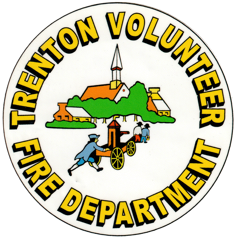Logo of trenton volunteer fire department featuring a traditional fire wagon, a firefighter, a dog, and a church with a steeple, surrounded by a green landscape. text encircles the central image.